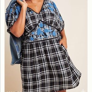 New Anthropologie boho Gingham Dress w embroidery